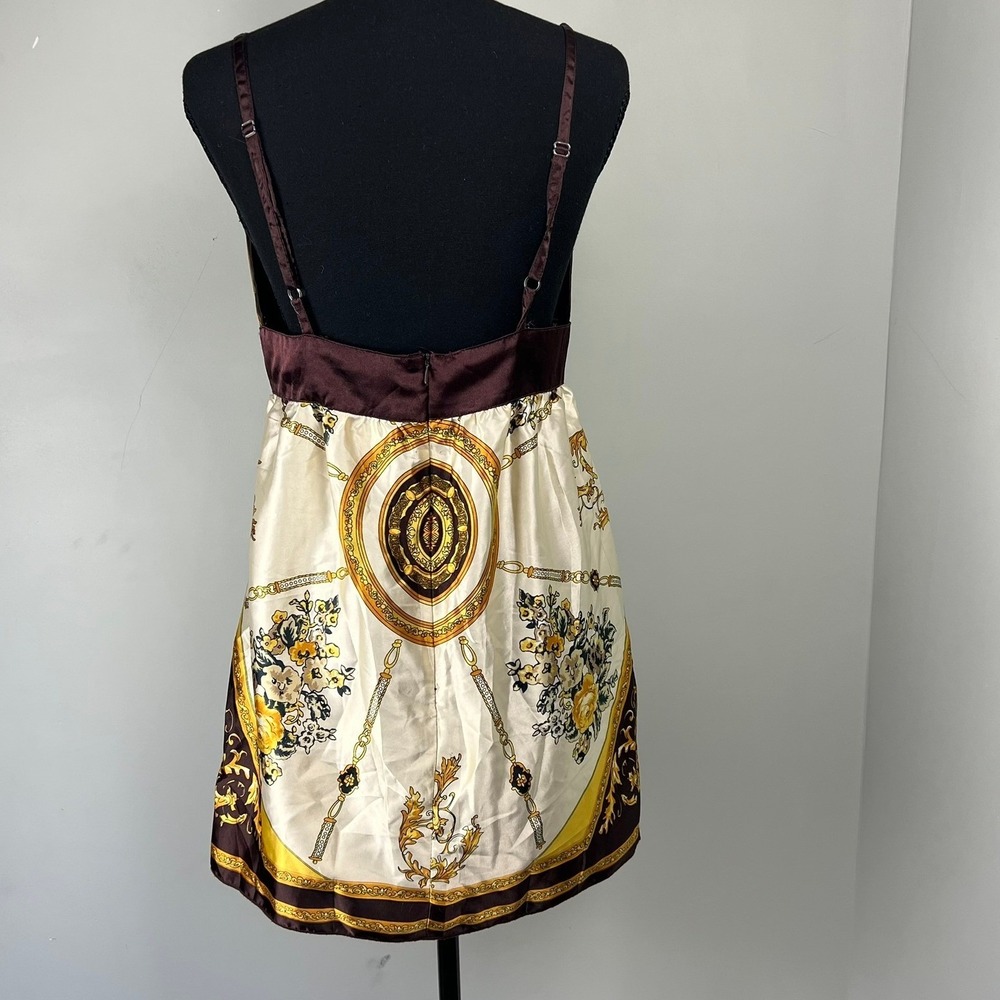 MKM Designs Brown Gold Baroque Scarf Print Top M Empire Waist Babydoll Glam Y2k - Picture 4 of 9